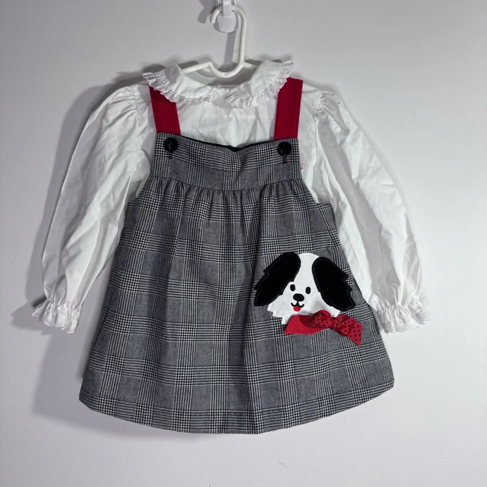 Vintage Girls Plaid Jumper Dress Set 4T Dog Applique USA